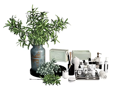 Stylish Bathroom Accessories With Green Plant Vase Soap Dish Hand Soap Bottles And Rolled Towel 3d model