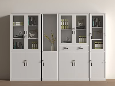 White Modern File Cabinet Combination With Glass And Solid Doors Containing Books And Decorative Items 3d model