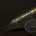 Vintage Brass Cannon With Decorative Details And Wheeled Base As Historical Weapon