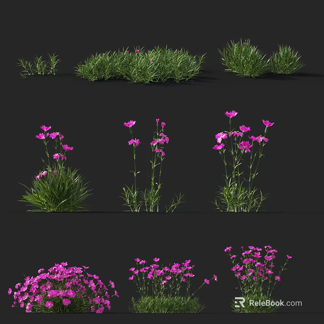 Multiple Green Grass And Purple Flowers In Various Natural Growth Forms 3d model
