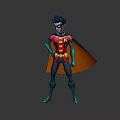 Superhero Character 3D Model With Red Green Costume Brown Cape Yellow Belt Standing Pose