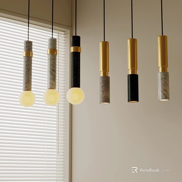 Modern Marble Metal Pendant Lights Gold Black Gray With Warm Glow By Window Blinds 3d model 