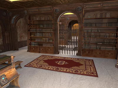 Vintage Library Interior With Wooden Bookshelves Arched Doorway And Decorative Rug 3d model