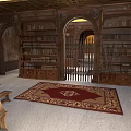 Vintage Library Interior With Wooden Bookshelves Arched Doorway And Decorative Rug