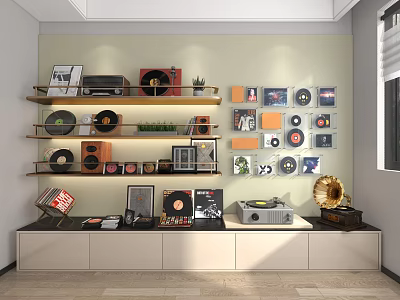 Vintage Digital Audio Equipment Display With Turntable Radio And Vinyl Records Collection 3d model