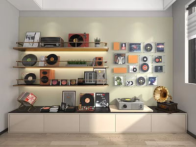 Vintage Digital Audio Equipment Display With Turntable Radio And Vinyl Records Collection 3d model
