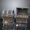 Ancient Treasure Chests With Open And Closed Lids Filled With Gold Coins And Small Statues