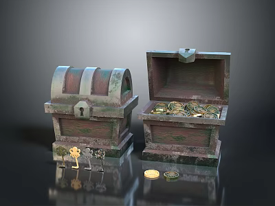 Ancient Treasure Chests With Open And Closed Lids Filled With Gold Coins And Small Statues 3d model