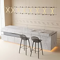 Modern Bar Counter With Marble Surface And Two Bar Stools Under Pendant Lights