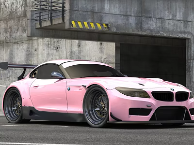 Pink BMW Sports Car With Black Rear Spoiler Black Wheels And Gray Building Background 3d model