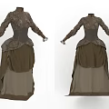 Vintage Long Sleeve Dress With Intricate Pattern Fitted Waist And Brown Beige Layered Skirt