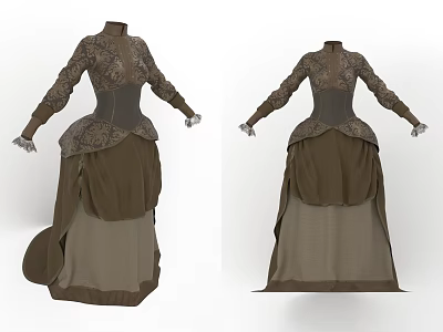 Vintage Long Sleeve Dress With Intricate Pattern Fitted Waist And Brown Beige Layered Skirt 3d model