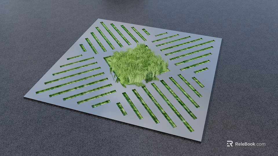 Square Tree Pit Design With Slotted Gray Frame And Green Grass Center 3d model 