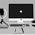 Apple iMac Desktop Workspace With Monitor Keyboard Mouse Phone Stand And Ring Light