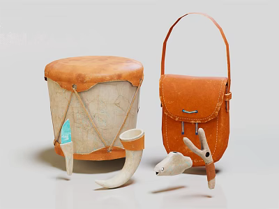 Leather Drum Shaped Case And Handbag With Decorative Ivory Like Ornaments 3d model