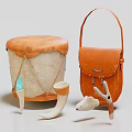 Leather Drum Shaped Case And Handbag With Decorative Ivory Like Ornaments