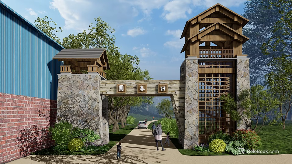 Traditional Architectural Exterior Wall Entrance Gate With Stone Structure Wooden Roof And Green Plants 3d model 