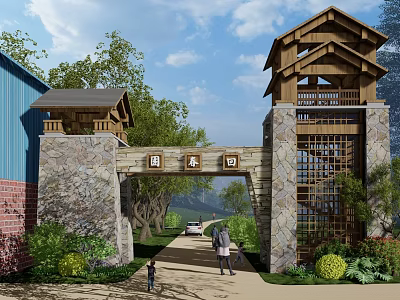 Traditional Architectural Exterior Wall Entrance Gate With Stone Structure Wooden Roof And Green Plants 3d model