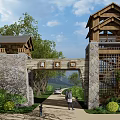 Traditional Architectural Exterior Wall Entrance Gate With Stone Structure Wooden Roof And Green Plants