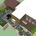Courtyard Garden Design With Wooden Pavilion Stone Path Green Plants And Outdoor Dining Set
