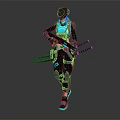 Cyberpunk Female Warrior in Futuristic Black and Teal Armored Suit Wearing Helmet Holding Twin Katanas