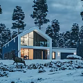 Modern Detached House With Large Glass Windows And Wooden Exterior Surrounded by Trees