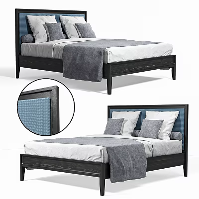Dark Wooden Double Bed With Blue Woven Headboard Gray Pillows And White Sheets 3d model