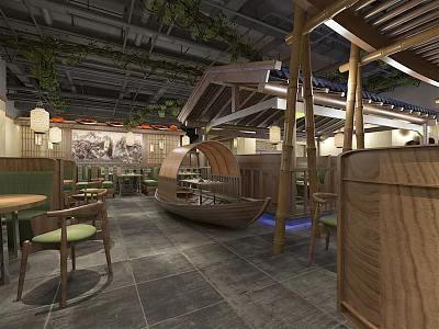 Traditional Chinese Restaurant Interior With Bamboo Structure Boat Shaped Seating Wooden Furniture And Green Plants 3d model