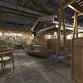 Traditional Chinese Restaurant Interior With Bamboo Structure Boat Shaped Seating Wooden Furniture And Green Plants