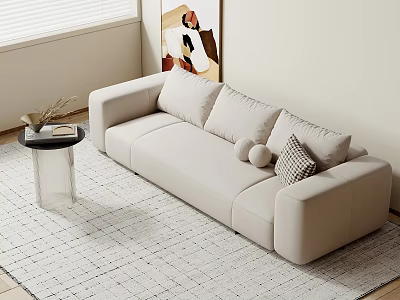 Beige Modern Large Sofa with Throw Pillows Side Table Rug and Artwork in Living Room 3d model