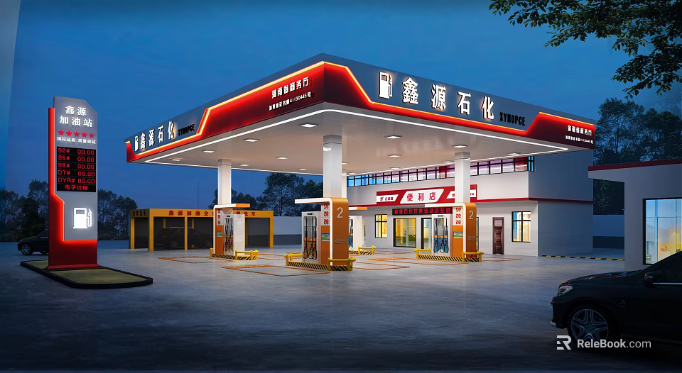 Modern Gas Station Exterior With Fuel Pumps Red Canopy And Convenience Store 3d model 