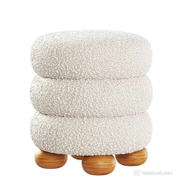 Soft White Fluffy Three Stacked Ottoman With Wooden Legs Design 3d model 