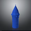 Blue Tower Model With Pointed Roof And Brick Textured Walls Featuring Small Windows