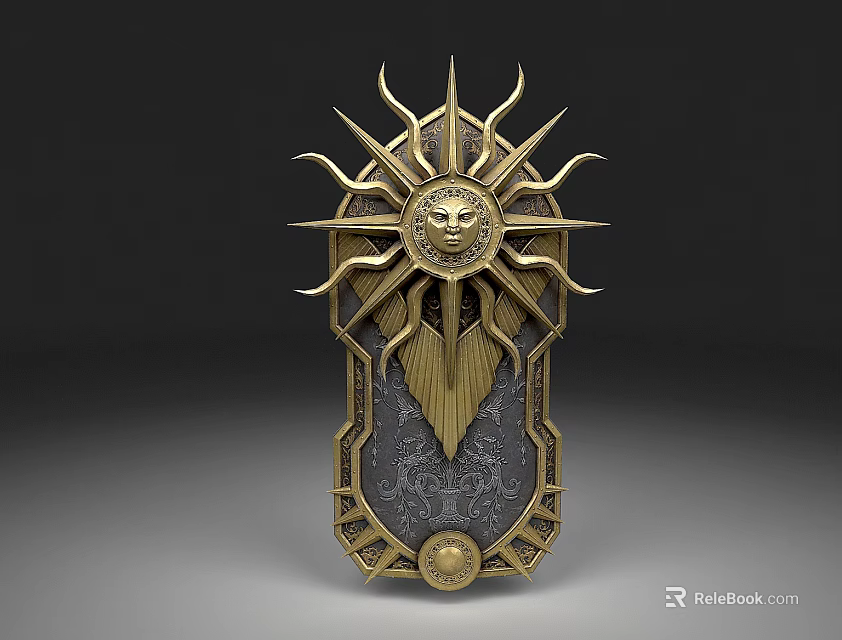 Ornate Decorative Shield Weapon With Golden Sun Motif Lion Head Feathered Design And Intricate Details 3d model 
