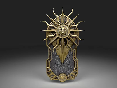 Ornate Decorative Shield Weapon With Golden Sun Motif Lion Head Feathered Design And Intricate Details 3d model