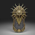 Ornate Decorative Shield Weapon With Golden Sun Motif Lion Head Feathered Design And Intricate Details