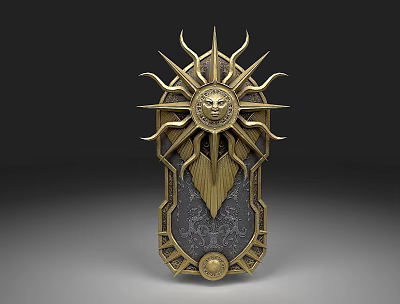 Ornate Decorative Shield Weapon With Golden Sun Motif Lion Head Feathered Design And Intricate Details 3d model