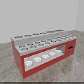 Red Commercial Display Cabinet Featuring Multiple Circular Holes Purple Cups Inside and Control Panel 3d model