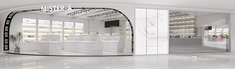 Modern Beauty Store Interior With White Display Counters And Moisturizing Products 3d model