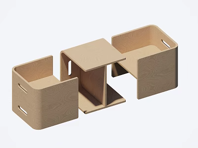 Modern Light Wood Table and Chair Set with Modular Geometric Structure 3d model