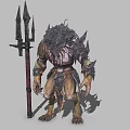Mythical Creature Warrior Character With Spiked Armor Trident And Scaled Skin In Battle Pose