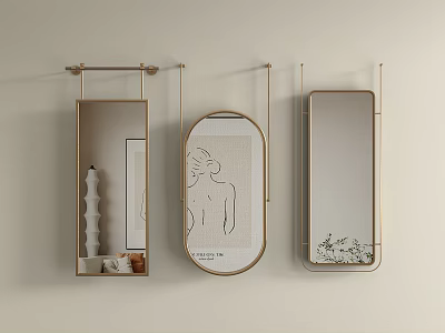 Modern Decorative Hanging Mirrors With Metal Frames And Art Prints On Beige Wall 3d model
