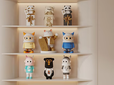 Decorative Figurine Set Featuring Various Cute Animal Character Designs Different Colors On White Shelves 3d model