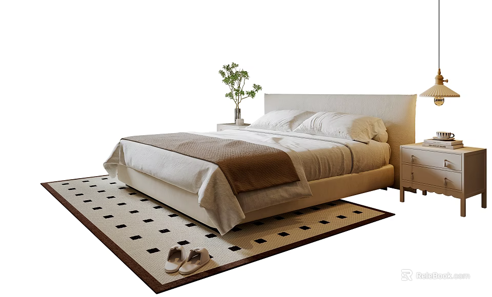White Double Bed with Brown Blanket White Sheets Side Table Green Plant Checkered Rug Slippers 3d model 