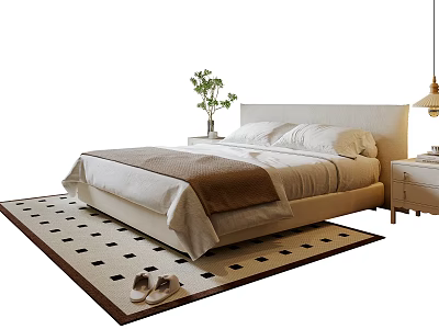White Double Bed with Brown Blanket White Sheets Side Table Green Plant Checkered Rug Slippers 3d model