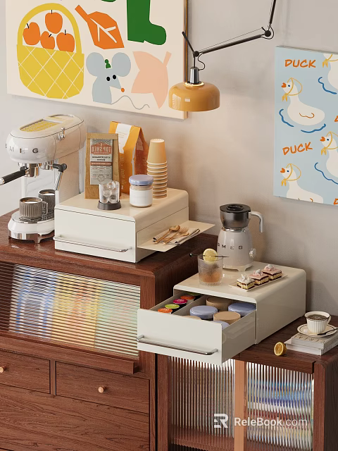 Modern Kitchen Coffee Corner With Ceramic Wares Coffee Machine And Storage Boxes 3d model