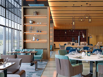 Modern Restaurant Interior Featuring Wooden Ceiling Pendant Lights Blue Brown Chairs And Round Dining Tables 3d model