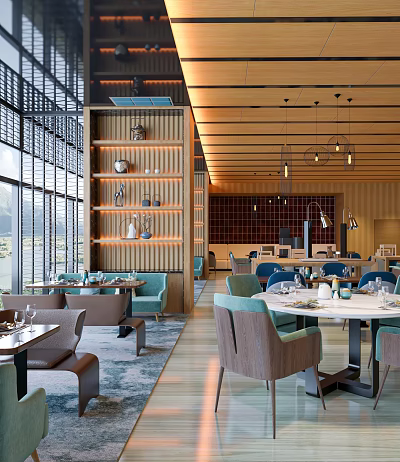 Modern Restaurant Interior Featuring Wooden Ceiling Pendant Lights Blue Brown Chairs And Round Dining Tables 3d model