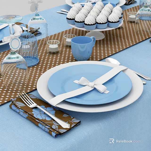 Tableware Set With Blue White Plates White Bow Forks Spoons On Brown Polka Dot Tablecloth 3d model 