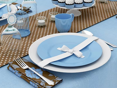 Tableware Set With Blue White Plates White Bow Forks Spoons On Brown Polka Dot Tablecloth 3d model